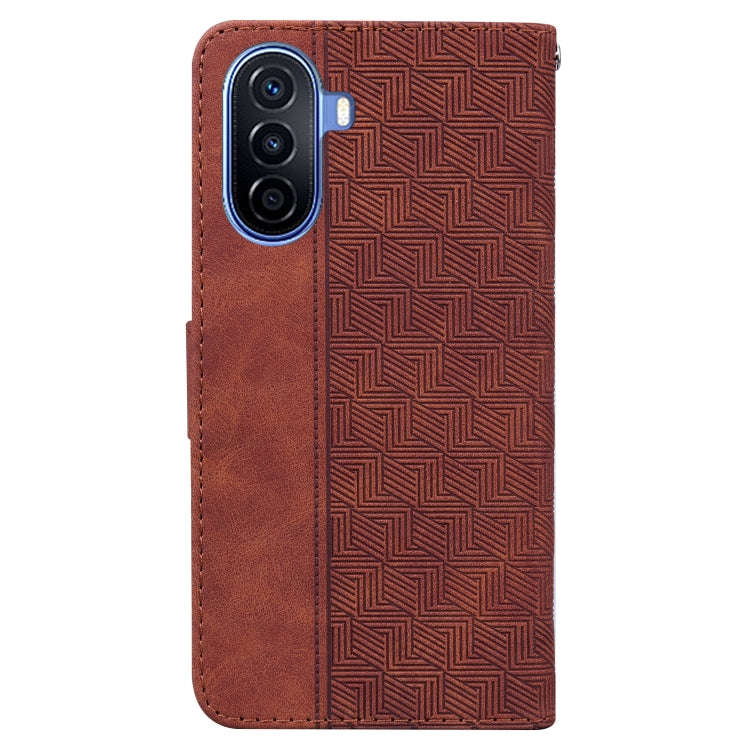 For Huawei nova Y70 Plus Geometric Embossed Flip Leather Phone Case(Brown)