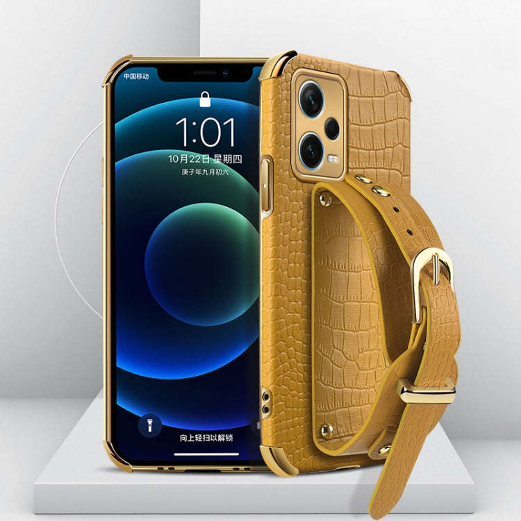 For Xiaomi Redmi Note 12 Pro+ China Electroplated TPU Crocodile Pattern Leather Case with Wrist S...