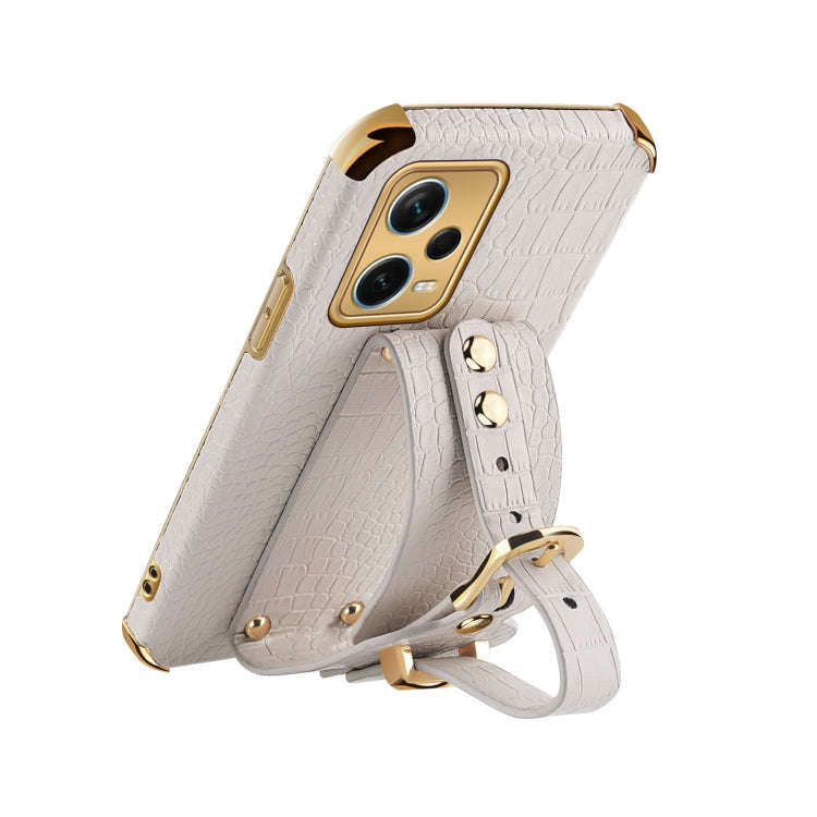 For Xiaomi Redmi Note 12 Pro+ China Electroplated TPU Crocodile Pattern Leather Case with Wrist S...