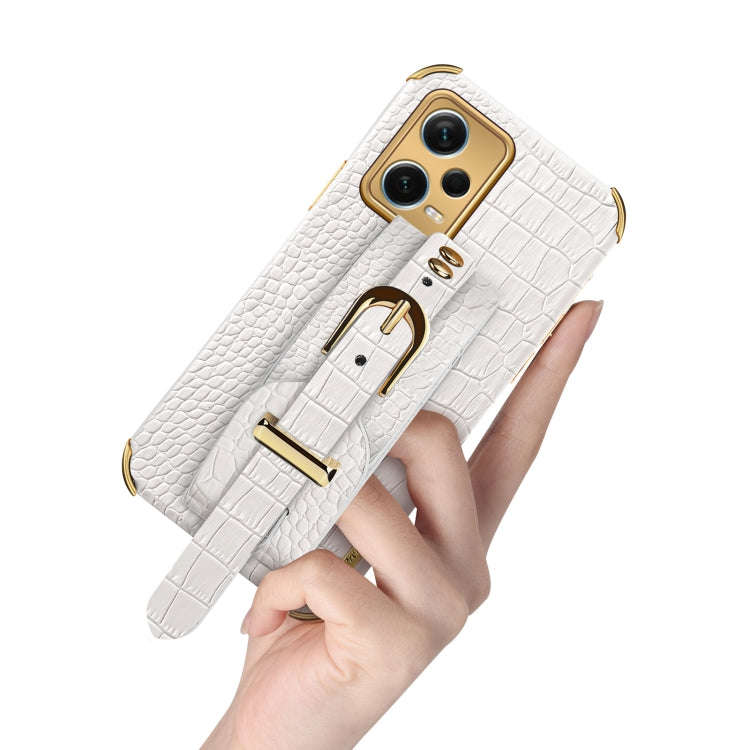 For Xiaomi Redmi Note 12 Pro+ China Electroplated TPU Crocodile Pattern Leather Case with Wrist S...