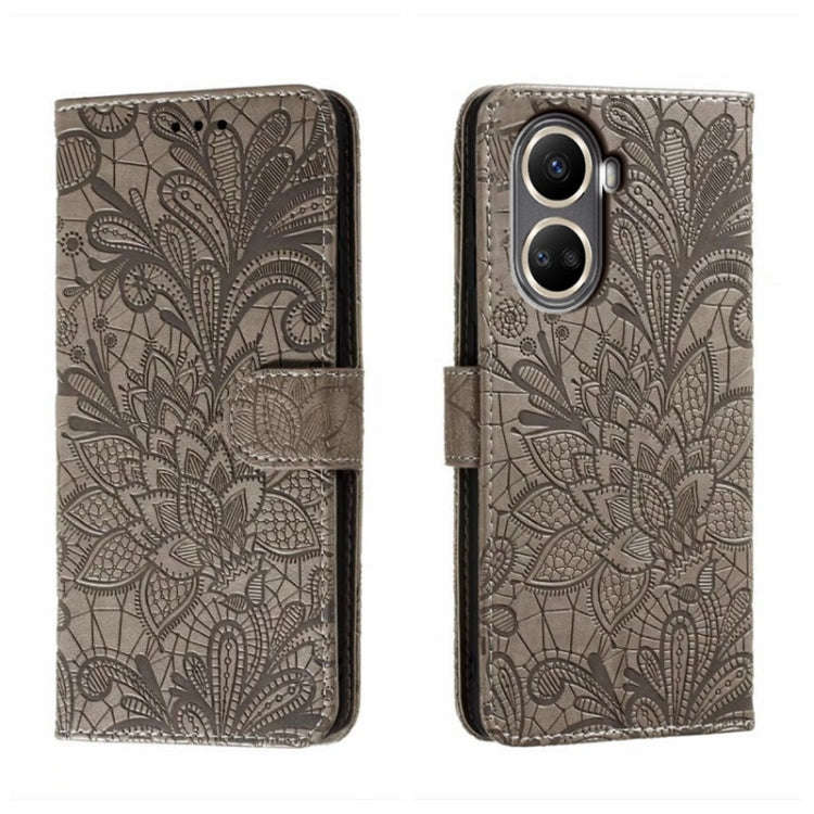 For Huawei nova 10 SE Lace Flower Embossing Flip Leather Phone Case(Grey)