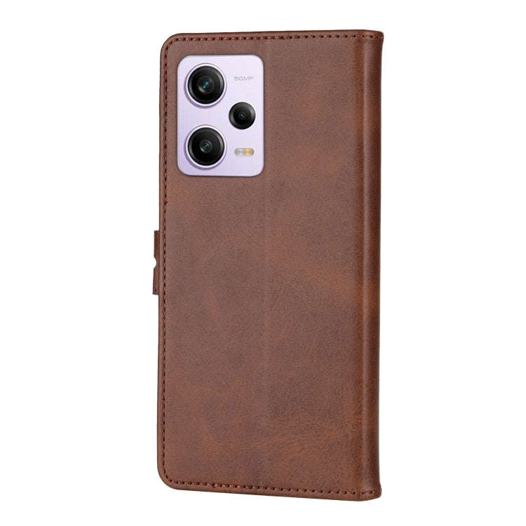 For Xiaomi Redmi Note 12 5G Global Embossed Happy Cat Pattern Flip Leather Phone Case(Brown)