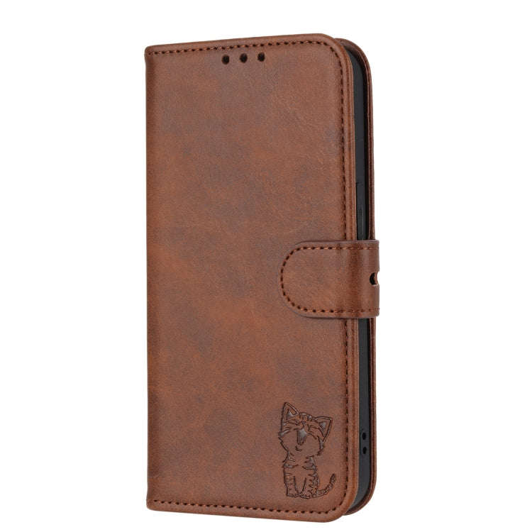 For Xiaomi Redmi Note 12 4G Global Embossed Happy Cat Pattern Flip Leather Phone Case(Brown)