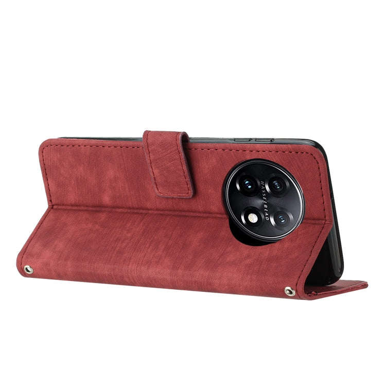 For OnePlus 11 Skin Feel Stripe Pattern Leather Phone Case with Lanyard(Red)