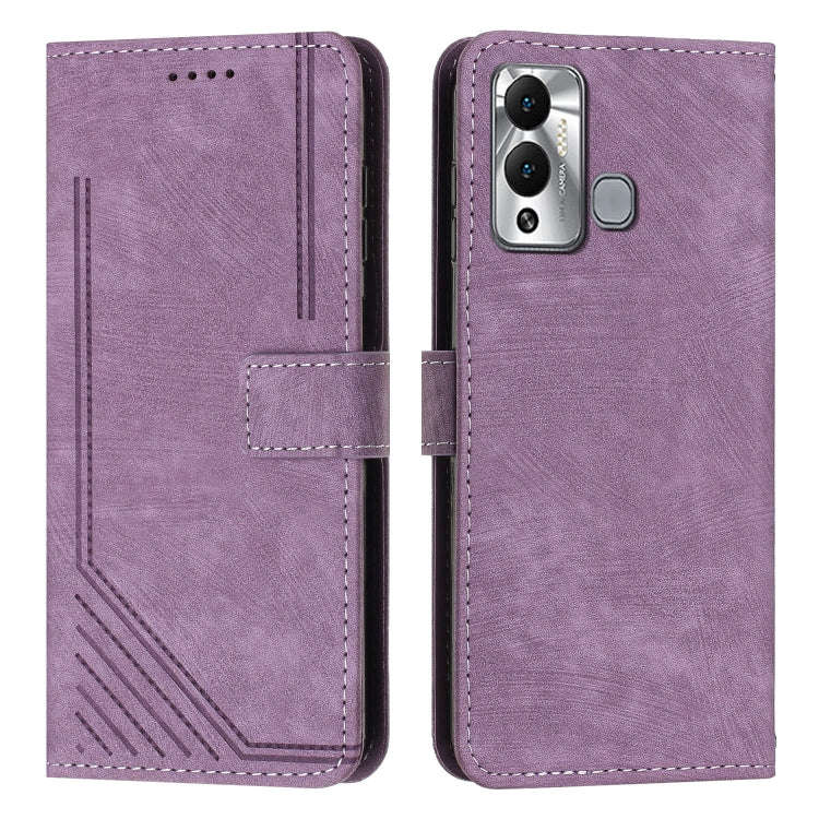 For Infinix Hot 12 Play Skin Feel Stripe Pattern Leather Phone Case with Lanyard(Purple)