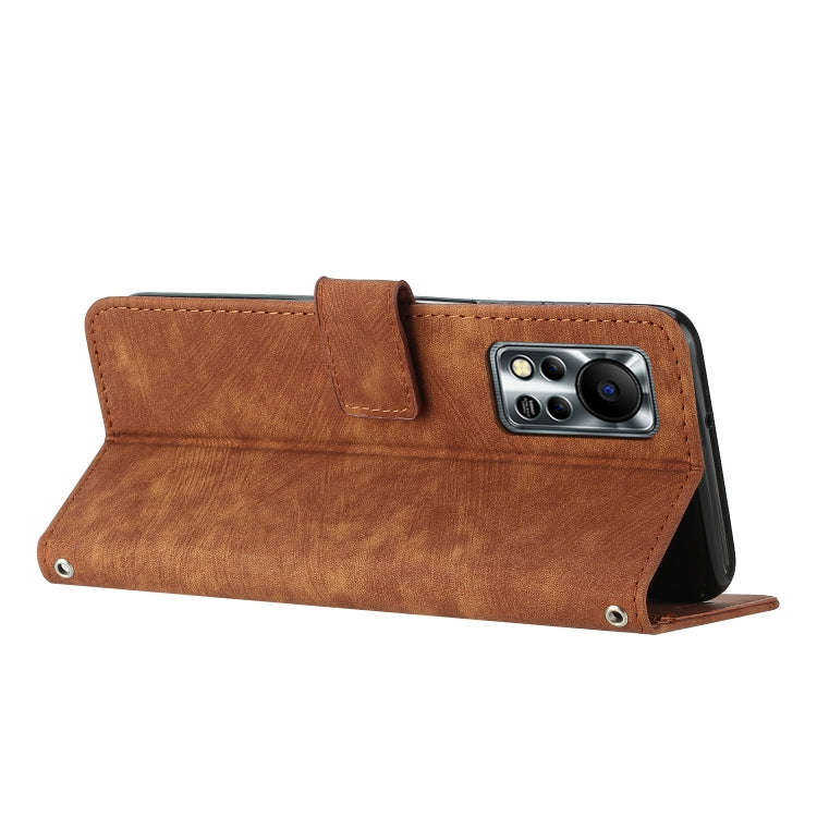 For Infinix Hot 11s NFC Skin Feel Stripe Pattern Leather Phone Case with Lanyard(Brown)