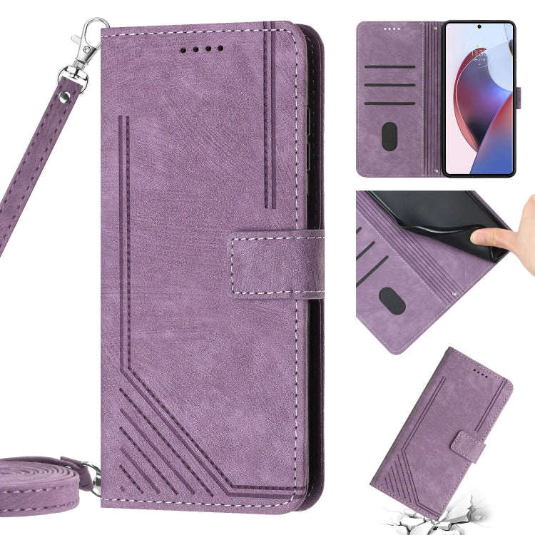 For Motorola Edge 30 Ultra / X30 Pro Skin Feel Stripe Pattern Leather Phone Case with Lanyard(Pur...