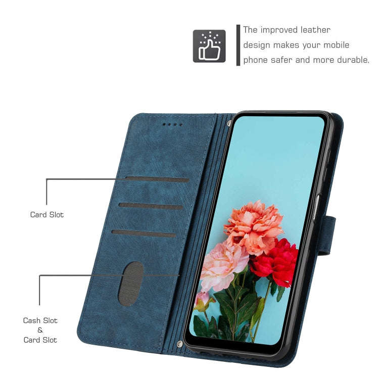 For Motorola Moto E32 Skin Feel Stripe Pattern Leather Phone Case with Lanyard(Blue)