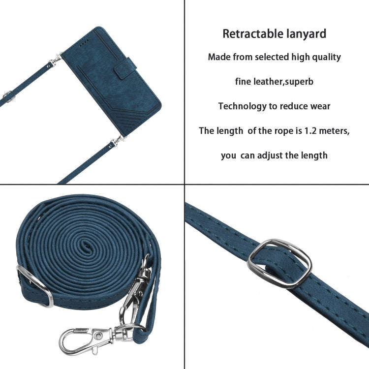 For Motorola Moto E32 Skin Feel Stripe Pattern Leather Phone Case with Lanyard(Blue)