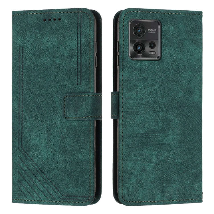 For Motorola Moto G72 Skin Feel Stripe Pattern Leather Phone Case with Lanyard(Green)