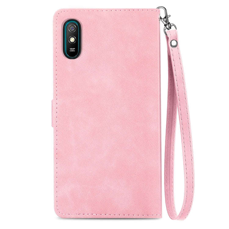 For Xiaomi Redmi 9A Embossed Flower Zipper Leather Phone Case(Pink)