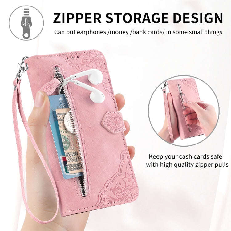 For Xiaomi Redmi 9A Embossed Flower Zipper Leather Phone Case(Pink)