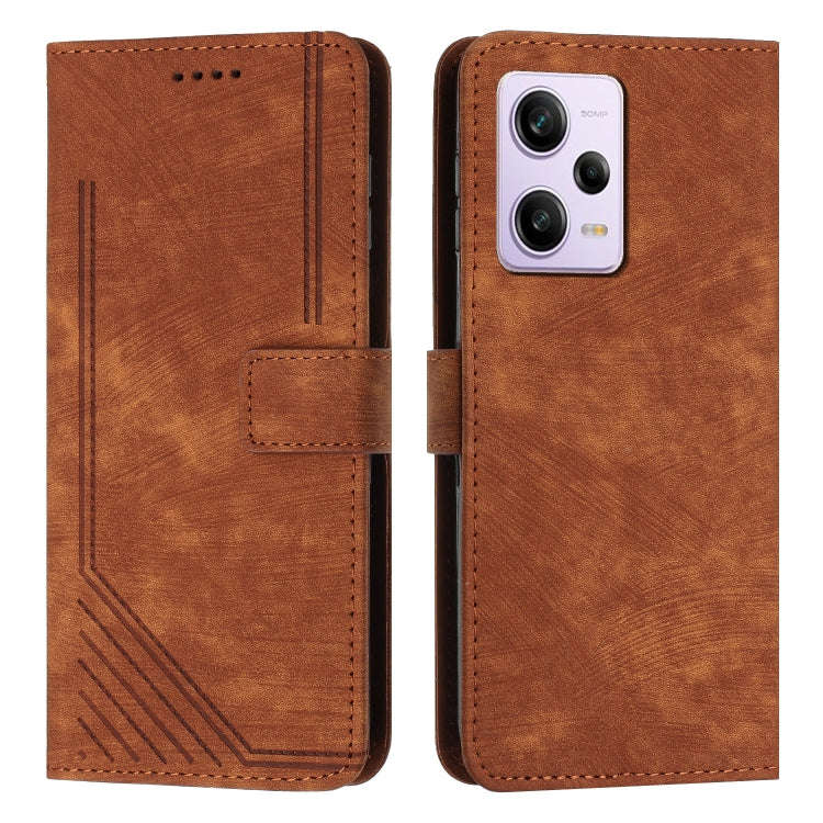 For Xiaomi Redmi Note 12 Pro Global Skin Feel Stripe Pattern Leather Phone Case with Lanyard(Brown)