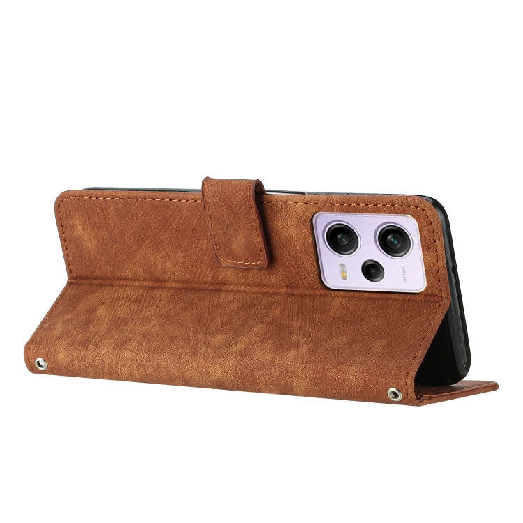 For Xiaomi Redmi Note 12 Pro Global Skin Feel Stripe Pattern Leather Phone Case with Lanyard(Brown)