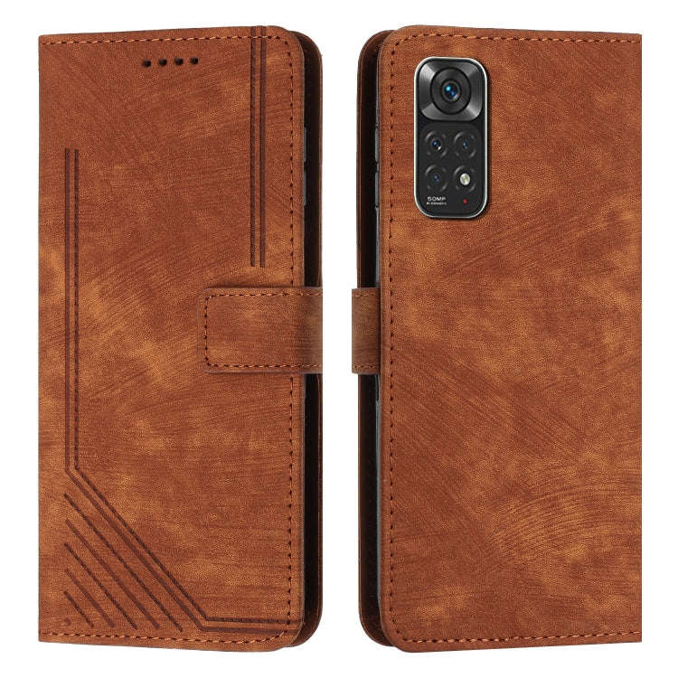 For Xiaomi Redmi Note 11 / Note 11s Global Skin Feel Stripe Pattern Leather Phone Case with Lanya...
