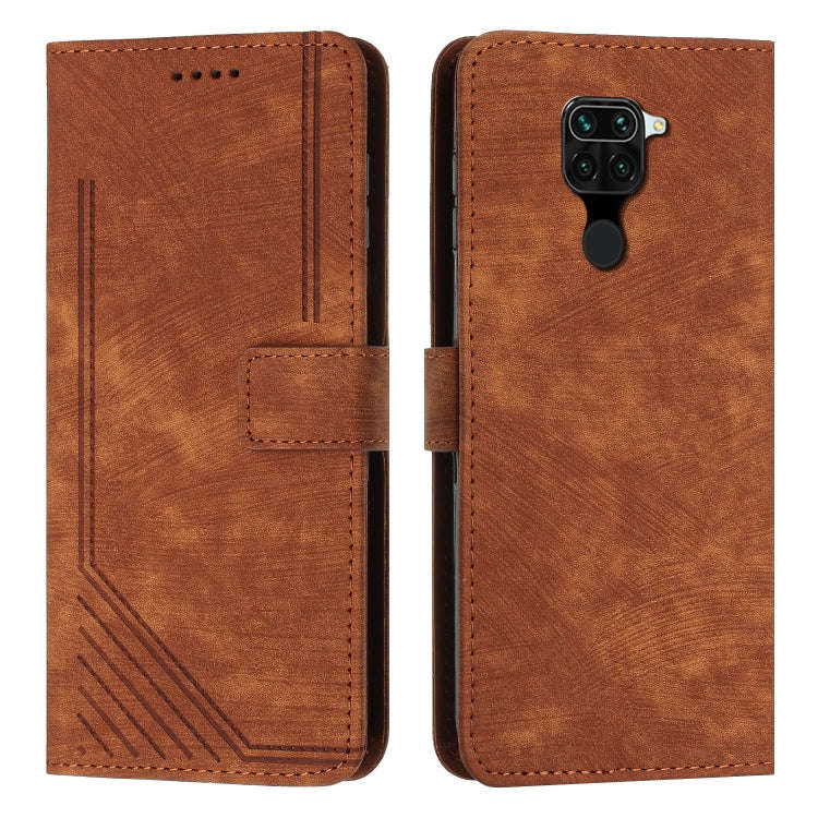 For Xiaomi Redmi Note 9 Skin Feel Stripe Pattern Leather Phone Case with Lanyard(Brown)