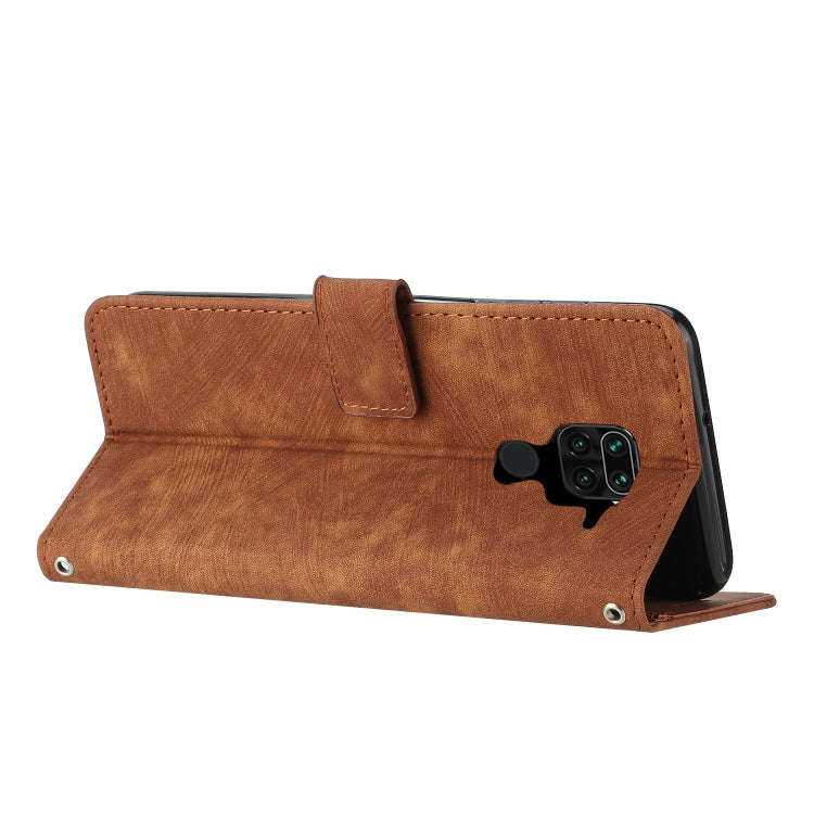 For Xiaomi Redmi Note 9 Skin Feel Stripe Pattern Leather Phone Case with Lanyard(Brown)