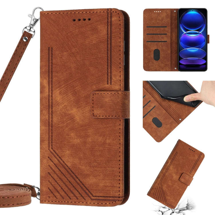 For Xiaomi Redmi Note 8 / Note 8 2021 Skin Feel Stripe Pattern Leather Phone Case with Lanyard(Br...