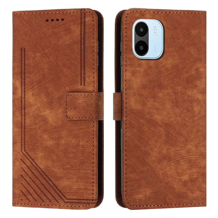For Xiaomi Redmi A1 Skin Feel Stripe Pattern Leather Phone Case with Lanyard(Brown)