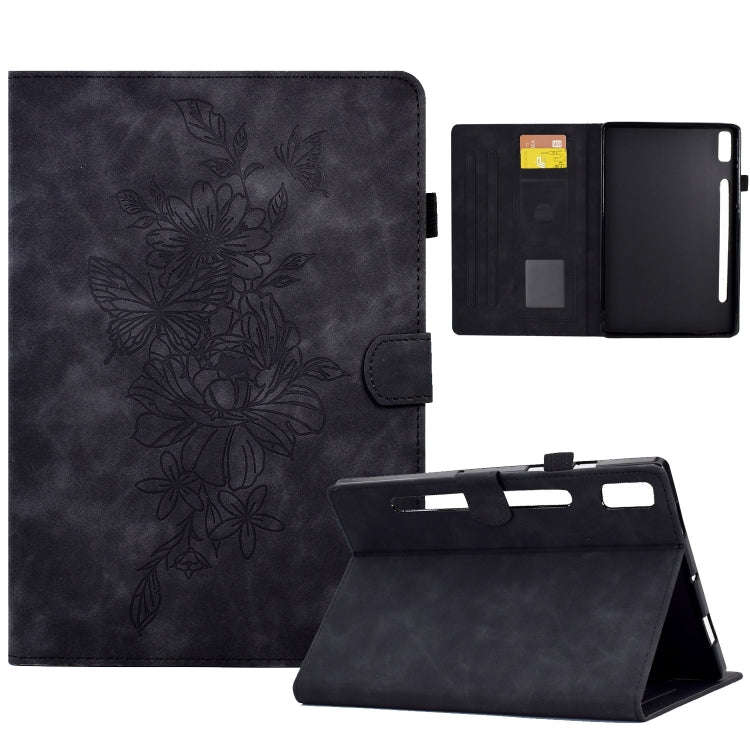 For Lenovo Tab P11 Pro Gen 2 Peony Butterfly Embossed Leather Tablet Case(Black)