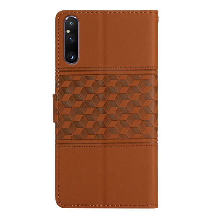 For Sony Xperia 1 V Diamond Embossed Skin Feel Leather Phone Case with Lanyard(Brown)