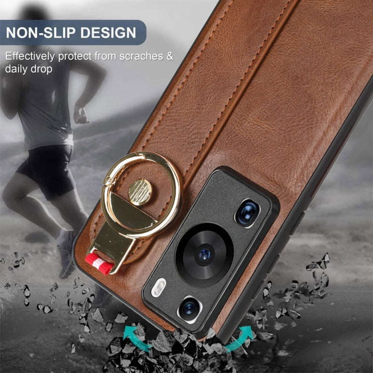 For Huawei P60 / P60 Pro Wristband Leather Back Phone Case(Brown)