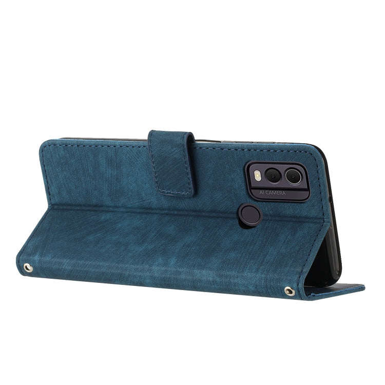 For Nokia C22 Skin Feel Stripe Pattern Leather Phone Case with Lanyard(Blue)