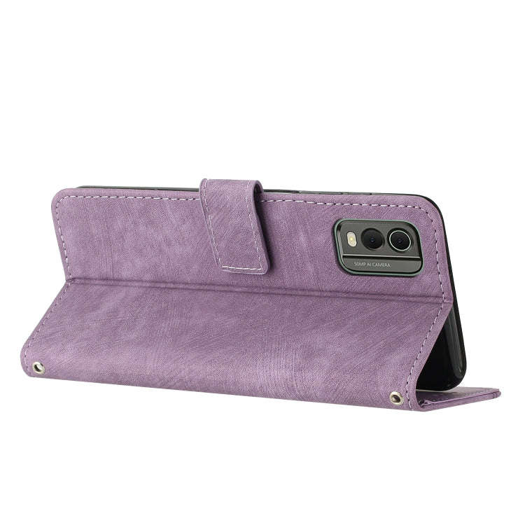 For Nokia C32 Skin Feel Stripe Pattern Leather Phone Case with Lanyard(Purple)