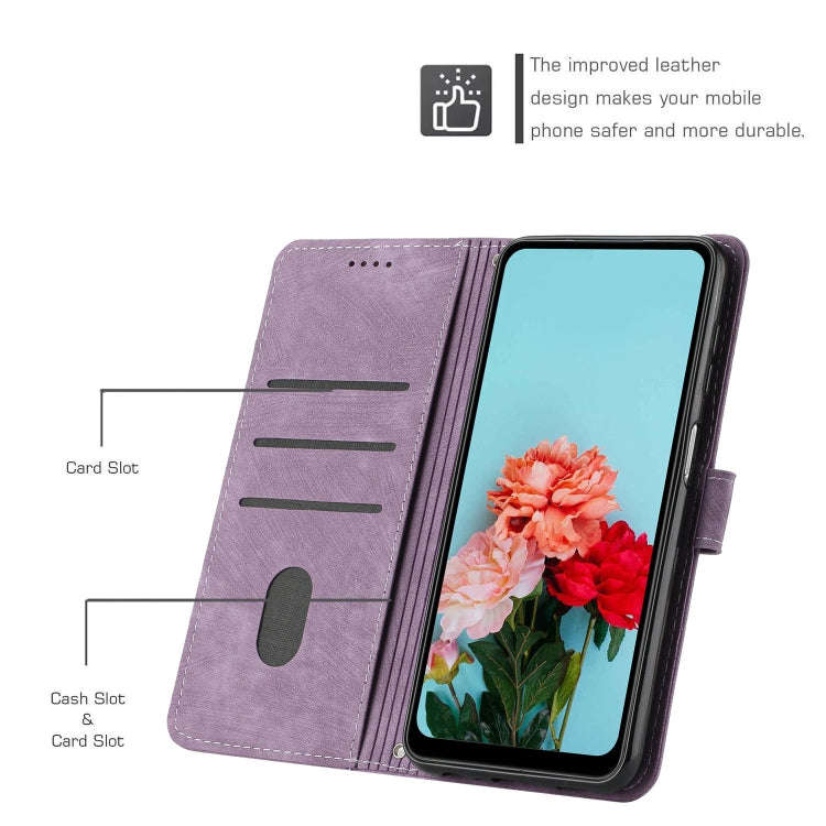 For Nokia C32 Skin Feel Stripe Pattern Leather Phone Case with Lanyard(Purple)