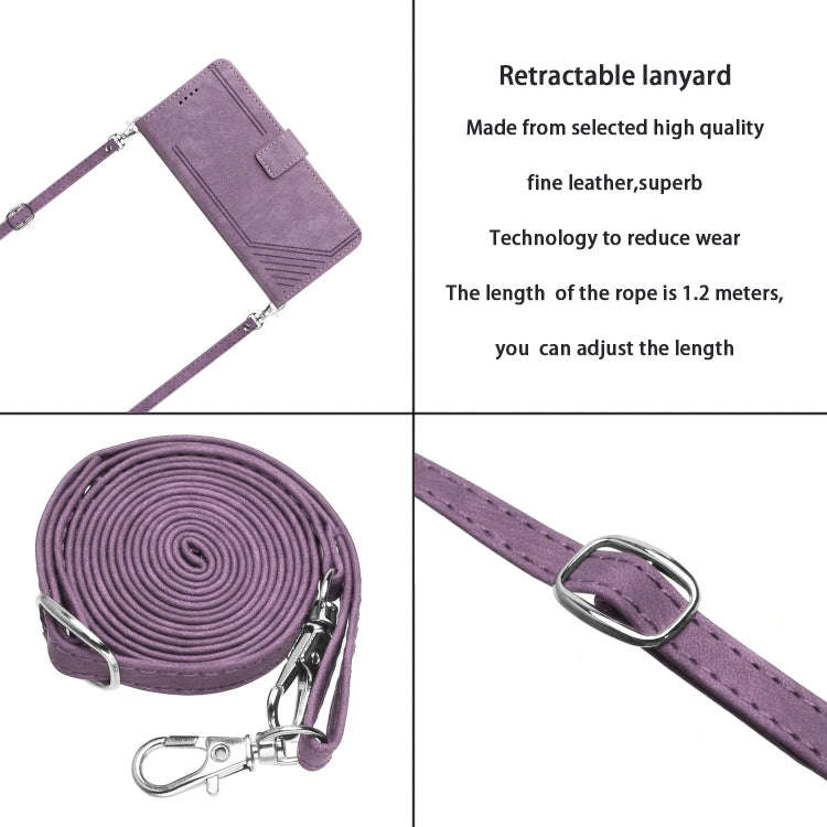 For Nokia C32 Skin Feel Stripe Pattern Leather Phone Case with Lanyard(Purple)