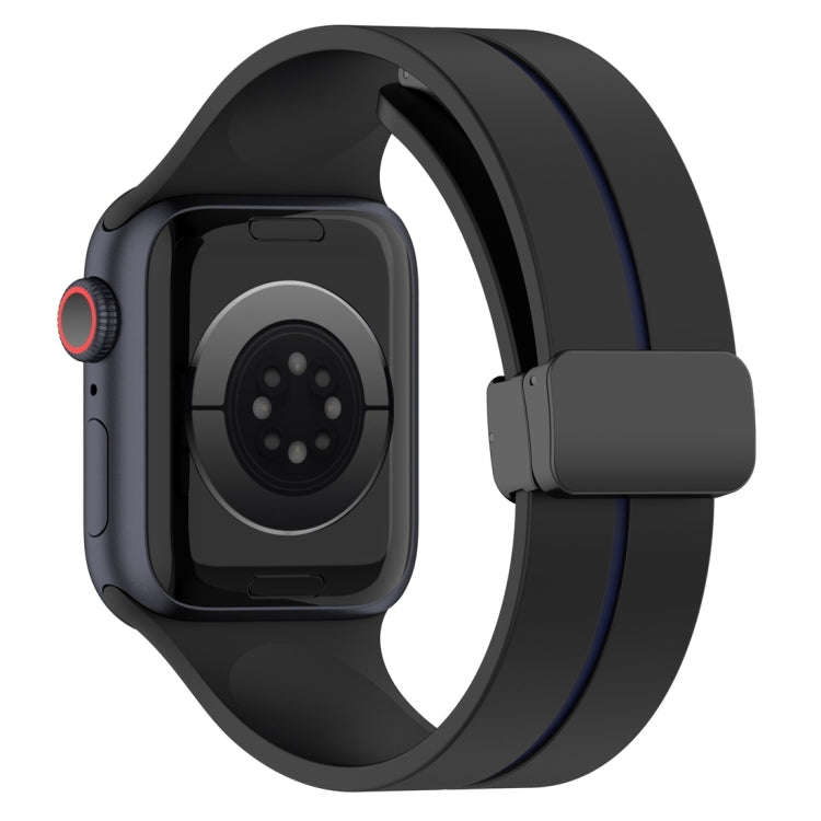 Two Color Folding Buckle Silicone Watch Band For Apple Watch 9 41mm(Black+Blue)