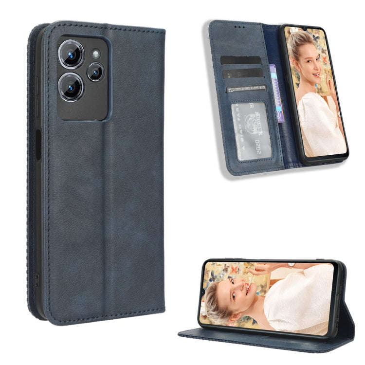 For Oukitel C32 Magnetic Buckle Retro Texture Leather Phone Case(Blue)