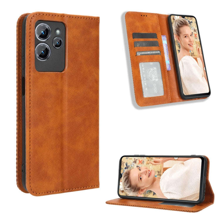 For Oukitel C32 Magnetic Buckle Retro Texture Leather Phone Case(Brown)
