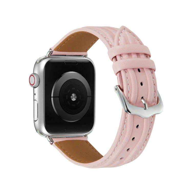 Embossed Line Genuine Leather Watch Band For Apple Watch 7 41mm(Pink)