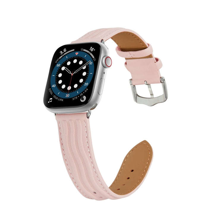 Embossed Line Genuine Leather Watch Band For Apple Watch 7 41mm(Pink)