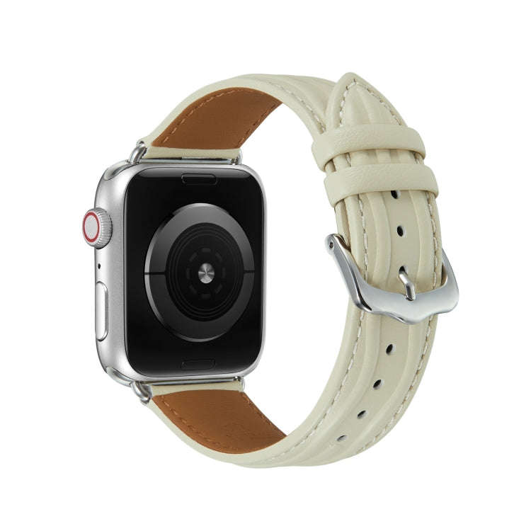 Embossed Line Genuine Leather Watch Band For Apple Watch 7 45mm(Milky White)
