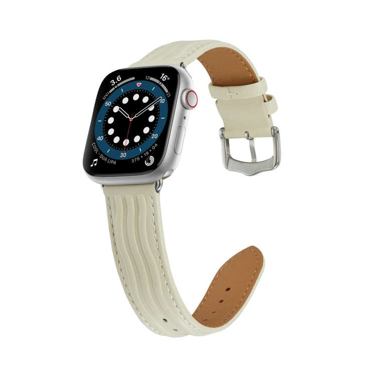 Embossed Line Genuine Leather Watch Band For Apple Watch 7 45mm(Milky White)