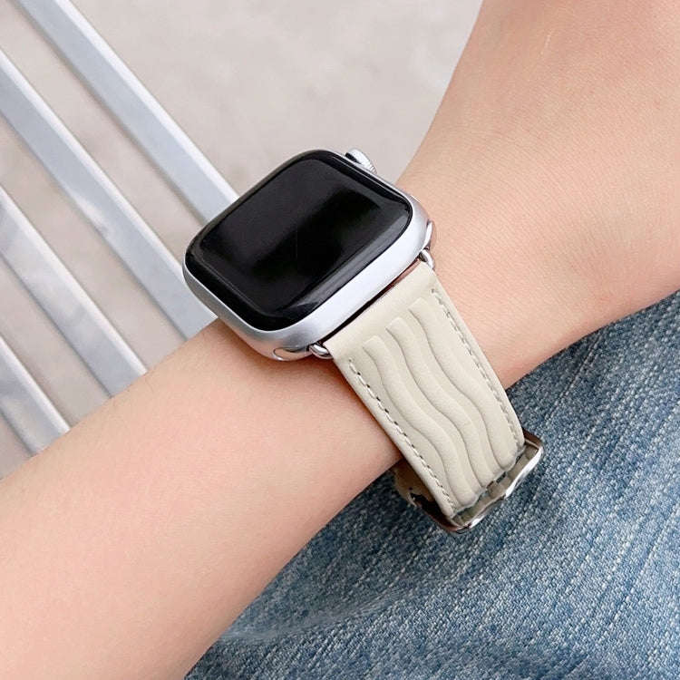 Embossed Line Genuine Leather Watch Band For Apple Watch 7 45mm(Milky White)