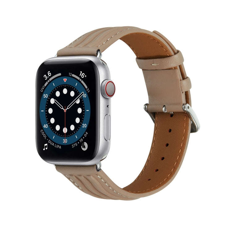 Embossed Line Genuine Leather Watch Band For Apple Watch 7 45mm(Milky Brown)