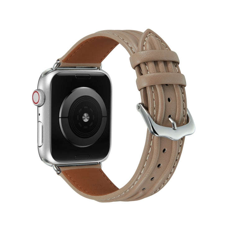 Embossed Line Genuine Leather Watch Band For Apple Watch 7 45mm(Milky Brown)