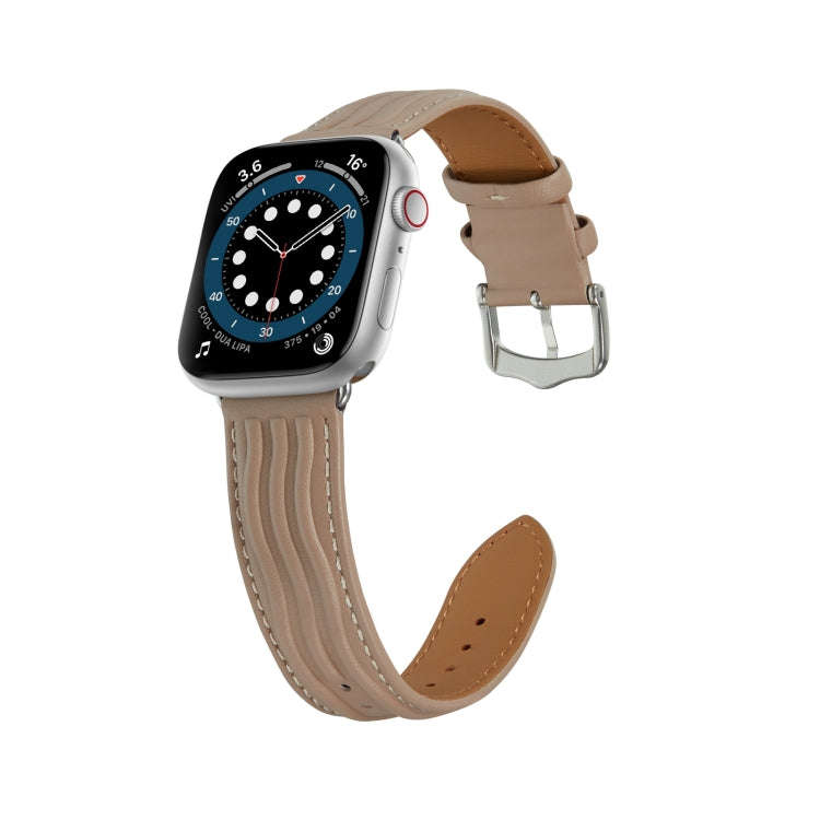 Embossed Line Genuine Leather Watch Band For Apple Watch 7 45mm(Milky Brown)
