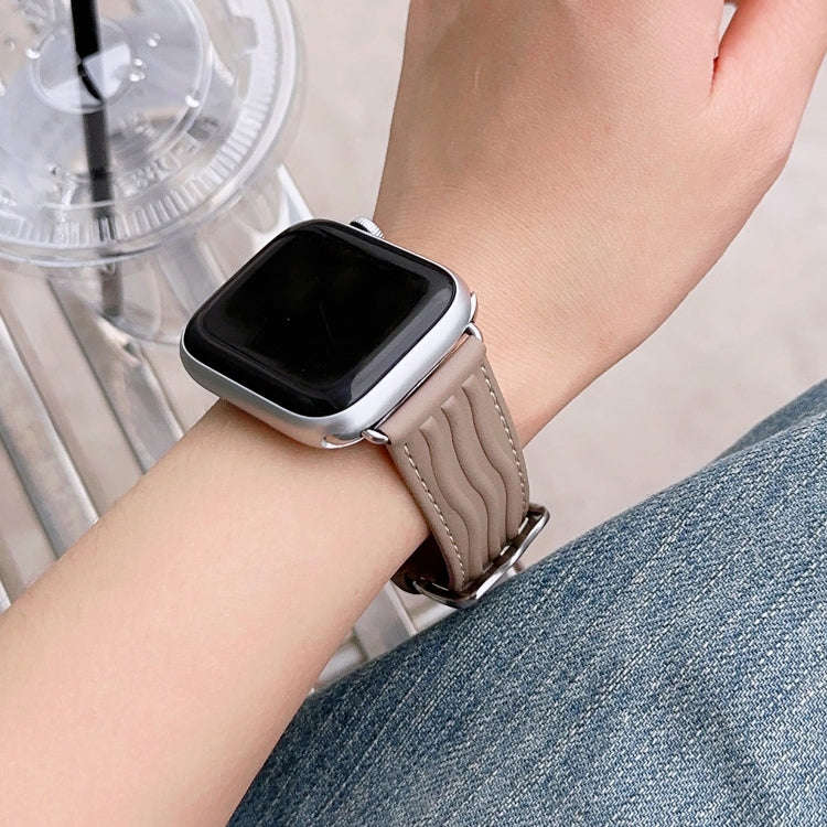 Embossed Line Genuine Leather Watch Band For Apple Watch 7 45mm(Milky Brown)