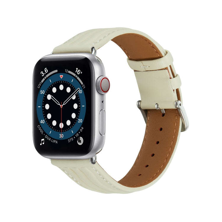 Embossed Line Genuine Leather Watch Band For Apple Watch 6 44mm(Milky White)