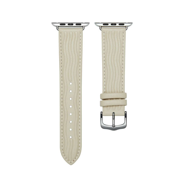 Embossed Line Genuine Leather Watch Band For Apple Watch 6 44mm(Milky White)