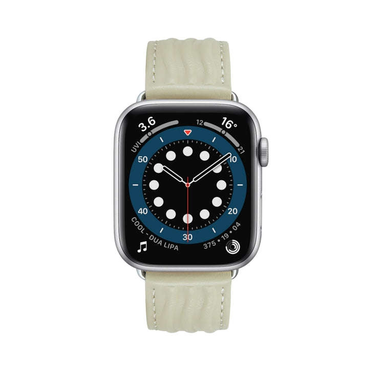 Embossed Line Genuine Leather Watch Band For Apple Watch 6 44mm(Milky White)
