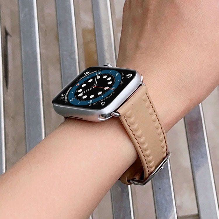 Embossed Love Genuine Leather Watch Band For Apple Watch 7 41mm(Khaki)