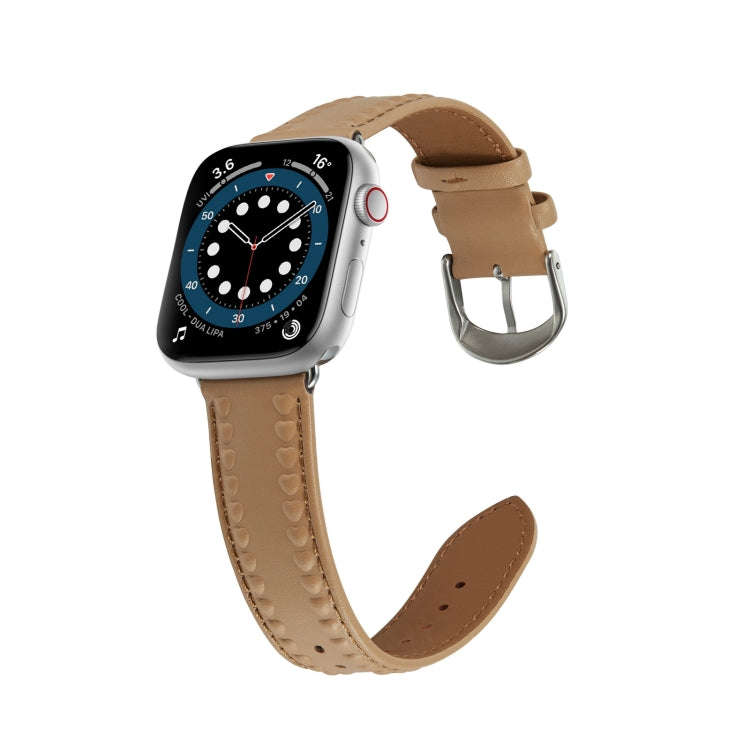 Embossed Love Genuine Leather Watch Band For Apple Watch 7 45mm(Khaki)