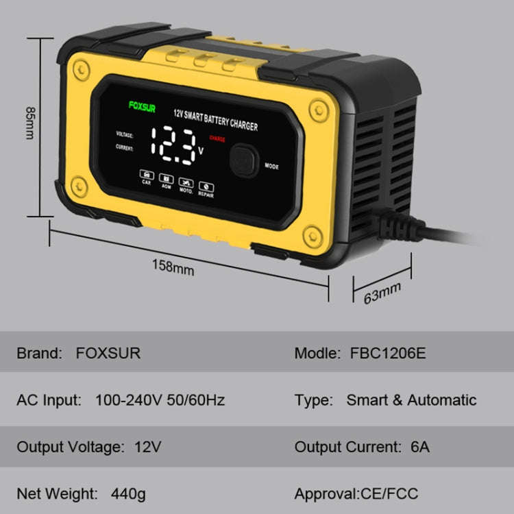 FOXSUR FBC1206E 6A 12V Car / Motorcycle Smart Battery Charger(US Plug)