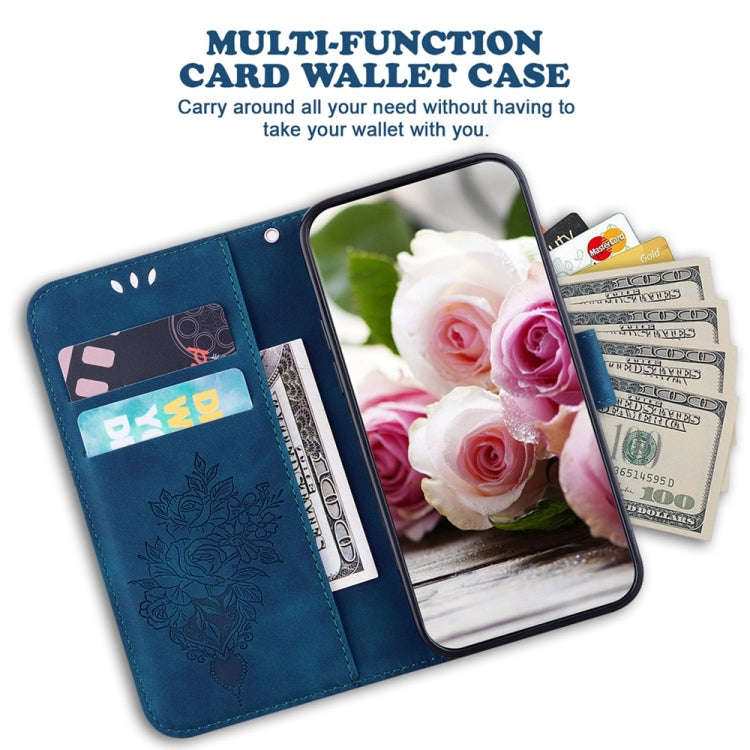 For Motorola Moto G04s / Moto E14 Butterfly Rose Embossed Leather Phone Case(Blue)