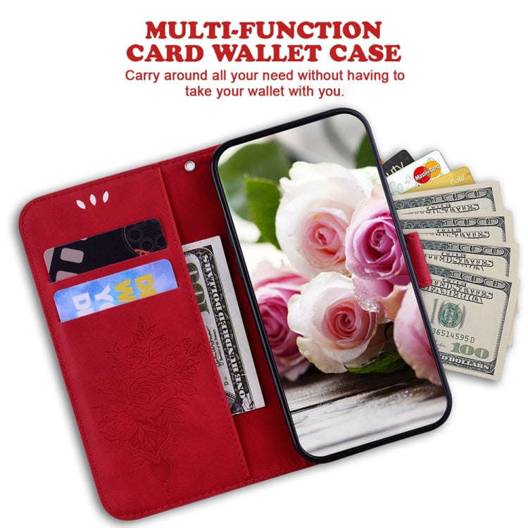 For Motorola Moto G85 Butterfly Rose Embossed Leather Phone Case(Red)